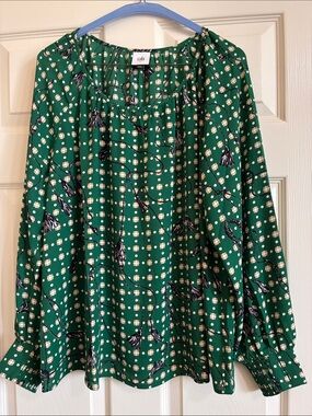 CAbi 4535 Green Floral Tassel-Print Peasant Top
